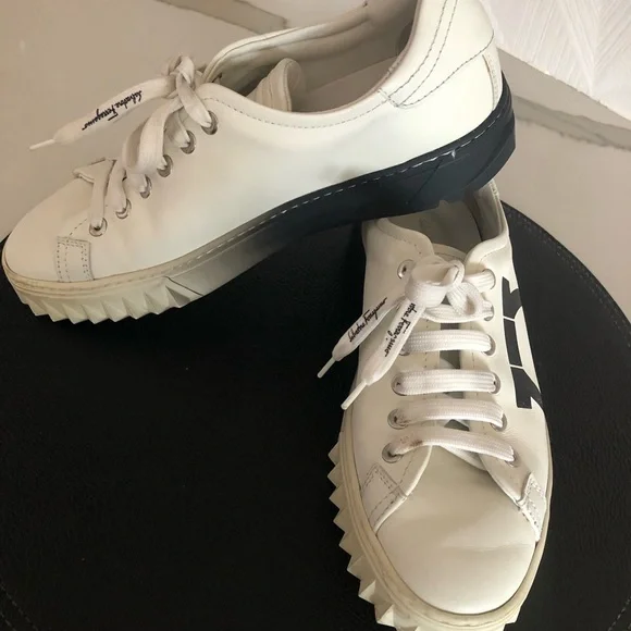 Salvatore Ferragamo White and Black Gancini Sneakers